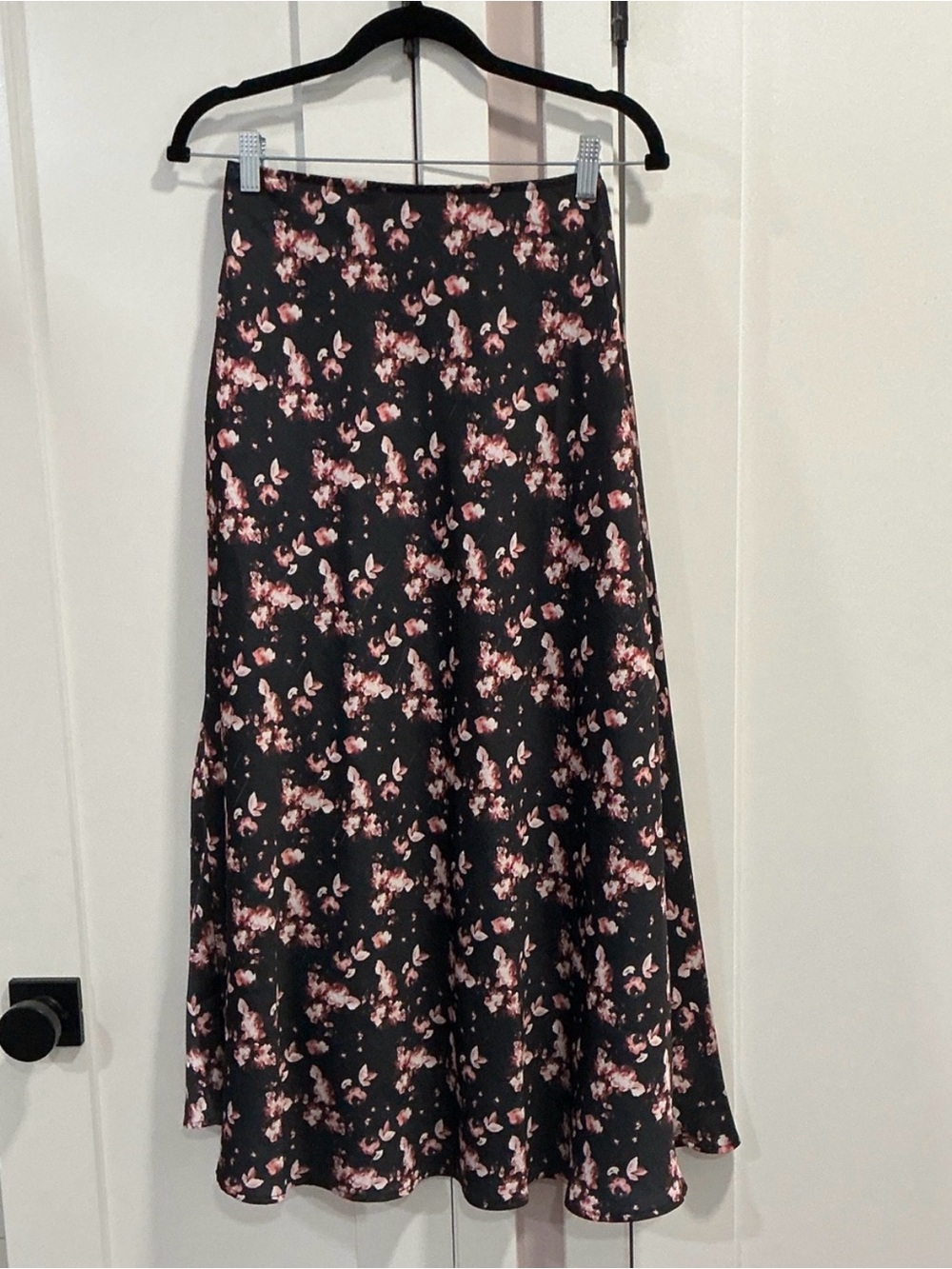 Black Midi Skirt with Pink Floral Print